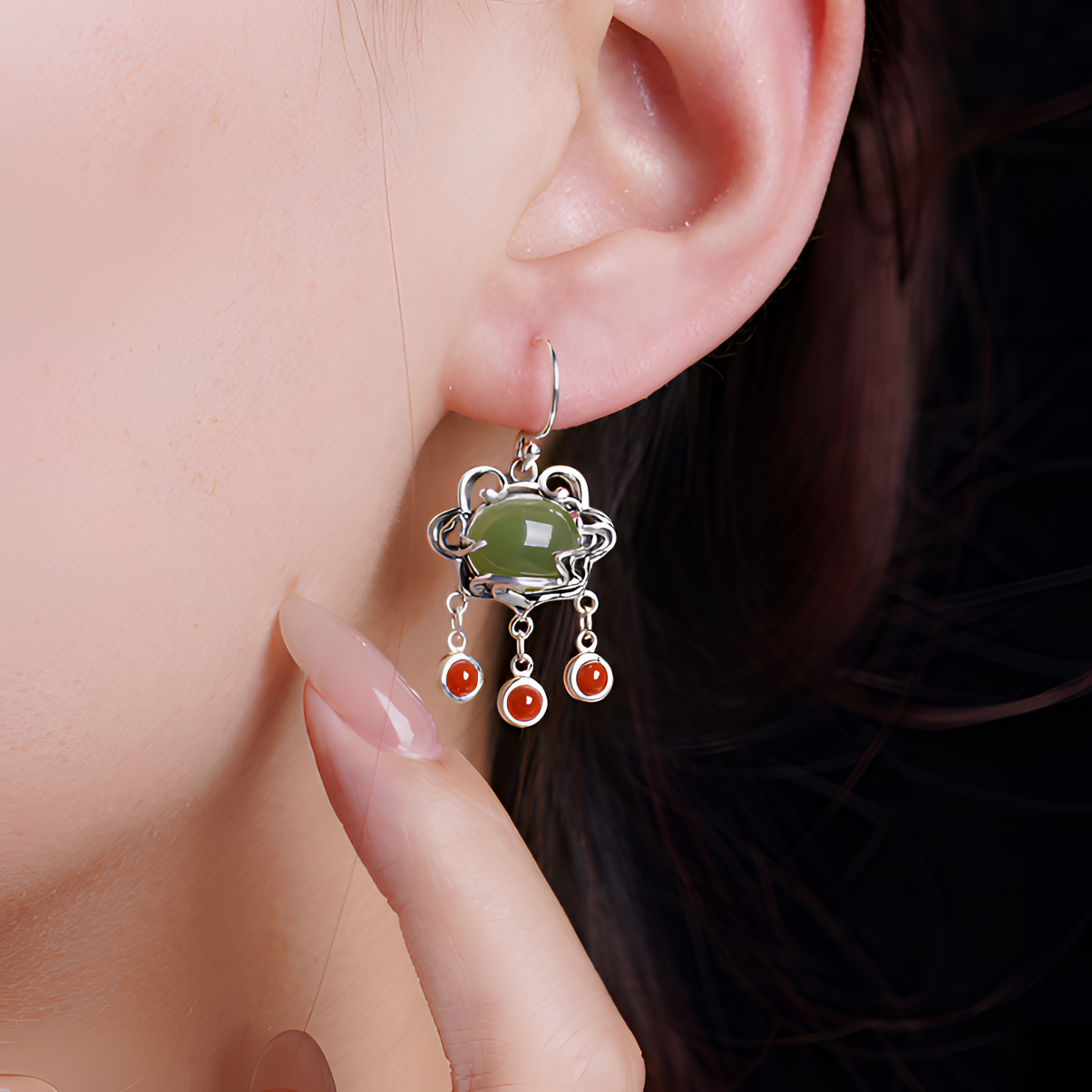 925银流苏和田玉石耳饰