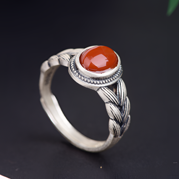 s925银大麦玛瑙戒指女款开口复古