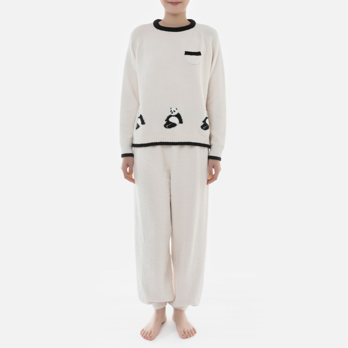 tbh/野兽派家居熊猫嘭嘭半边绒花边家居服套装米白色宽松睡衣休闲