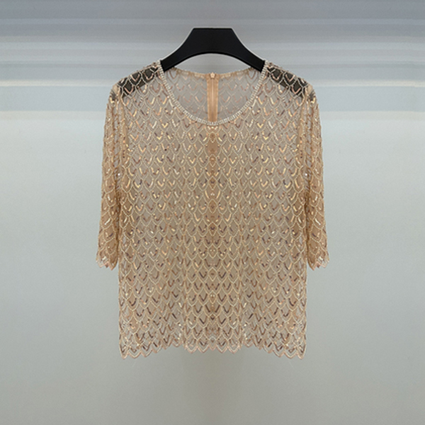 【美若天仙】夏季重工亮片宽松高奢休闲百搭时尚网纱七分袖上衣