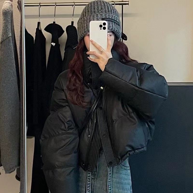 免洗pu皮女短款羽绒服2023新款冬季加厚立领面包服小个子肯豆外套
