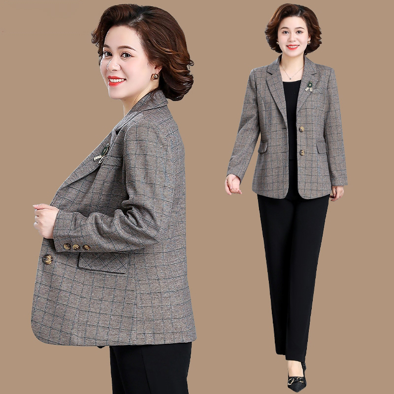 妈妈秋装休闲格子小西装新款洋气中年女西服外套春秋洋气时尚上衣