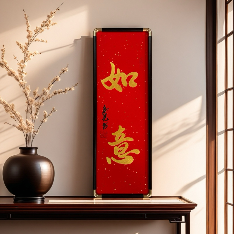 《如意》高见书法作品竖款带框70*25厘米红底金墨