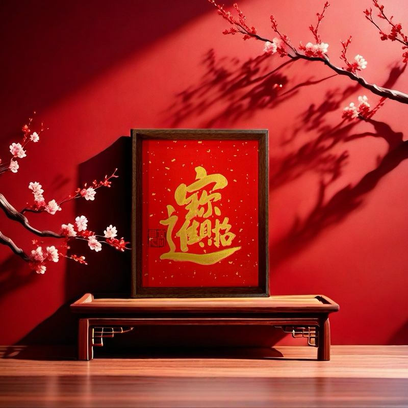 《招财进宝》红底金墨高见书法作品带框桌面摆件玄关书房新中式
