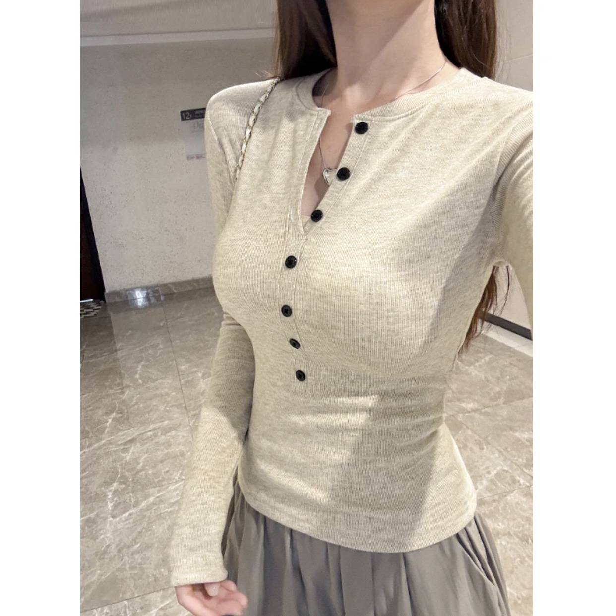 美式辣妹半开领长袖T恤女ins修身纯欲风上衣秋冬加绒内搭打底衫女