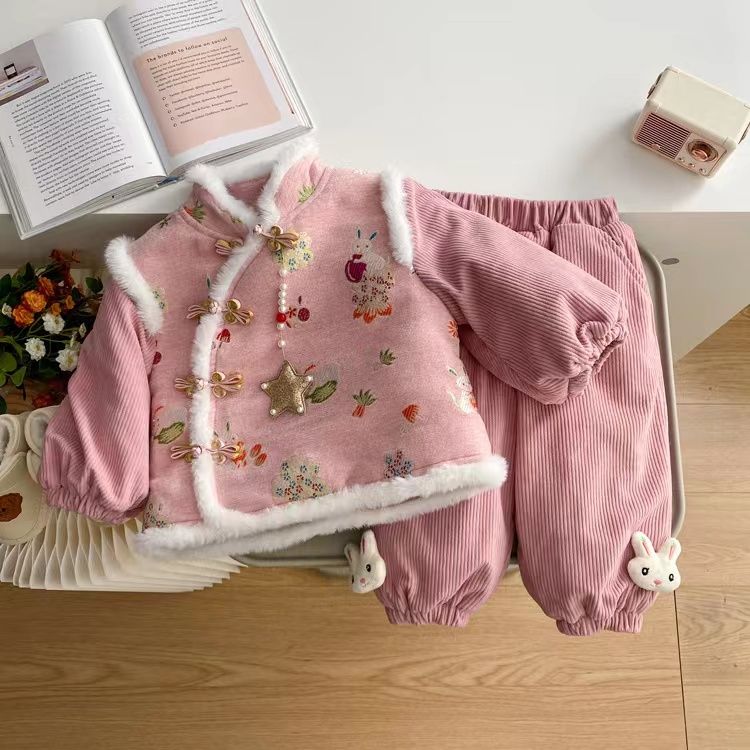 女童套装儿童加绒加厚冬季汉服中国风过年拜年服女宝冬装