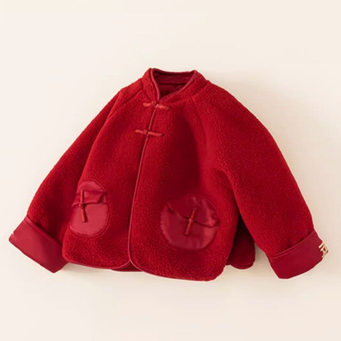 洋气红色外套0-6岁羊羔绒加棉保暖上衣中小儿童中国风周岁衣服潮