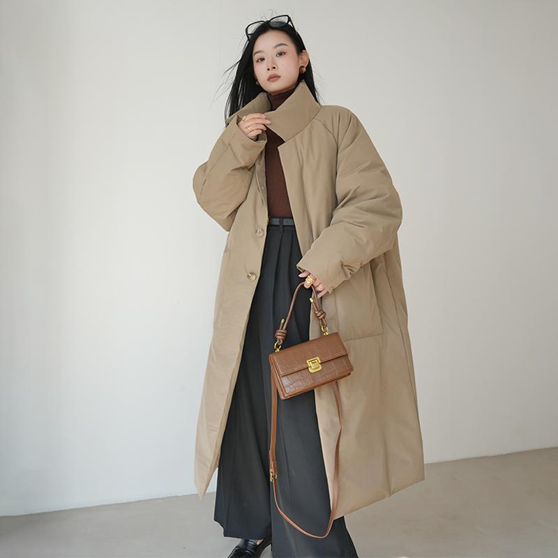 HG/时髦廓形风衣_90白鹅绒加厚羽绒服外套女长款过膝冬立翻领大衣