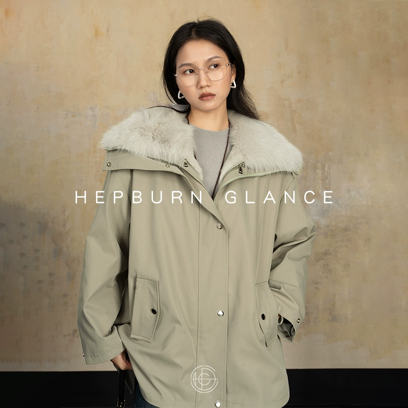 HG/可拆卸大翻领_新款派克服女狐狸毛领獭兔毛皮草内胆中长款外套