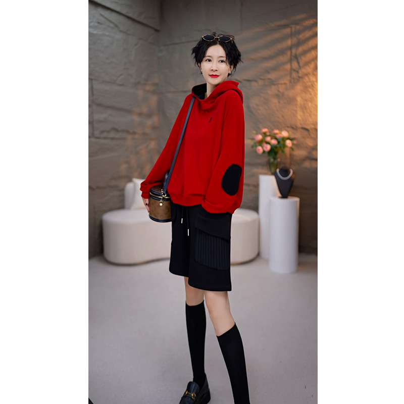 春季新款休闲长袖连帽卫衣打底衫时尚宽松显瘦拼接上衣8308