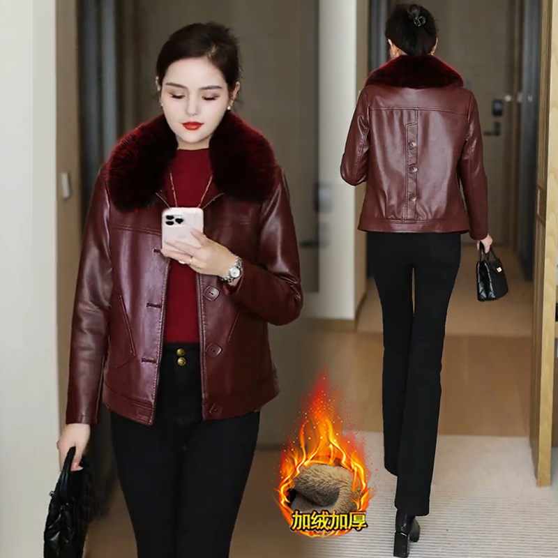 加绒加厚皮衣外套女2024秋冬季新款洋气时尚短款毛领保暖PU皮夹克