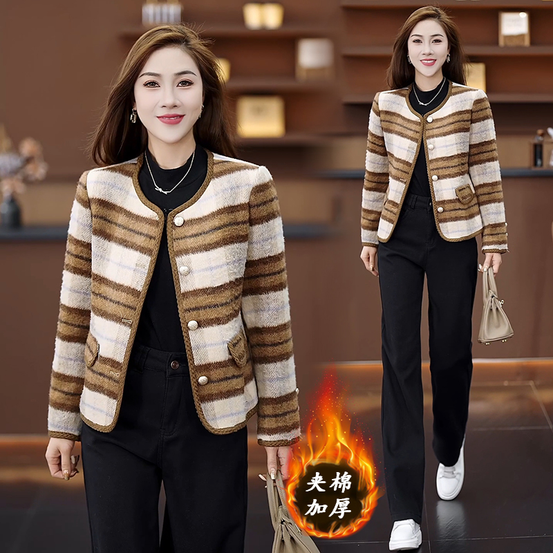 小香风夹棉毛呢外套女2024秋冬新款时髦洋气格子显瘦气质短款上衣