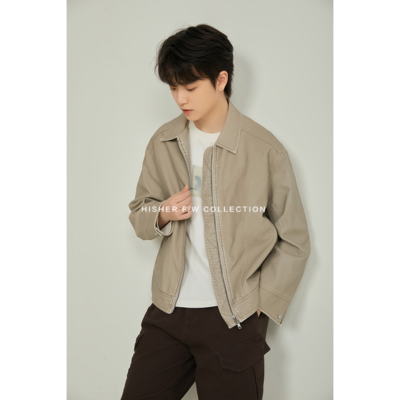 HISHER出柜小个子中性风翻领做旧水洗机车短外套皮衣浅米色