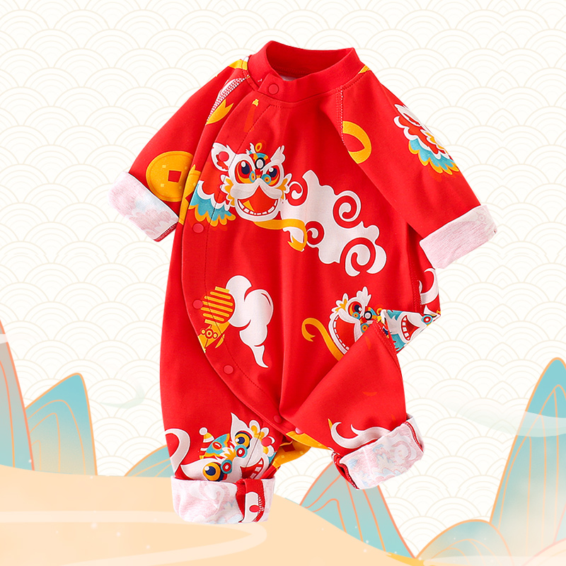 中国风新生儿宝宝红色纯棉婴儿新生满月服连体衣百天抓周服拜年服