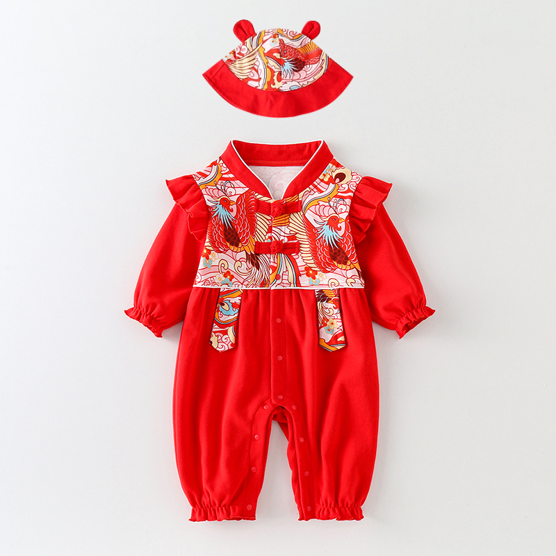 红色中国风爬服连体衣0-6个月礼服婴儿连体衣百天宝宝衣服春秋