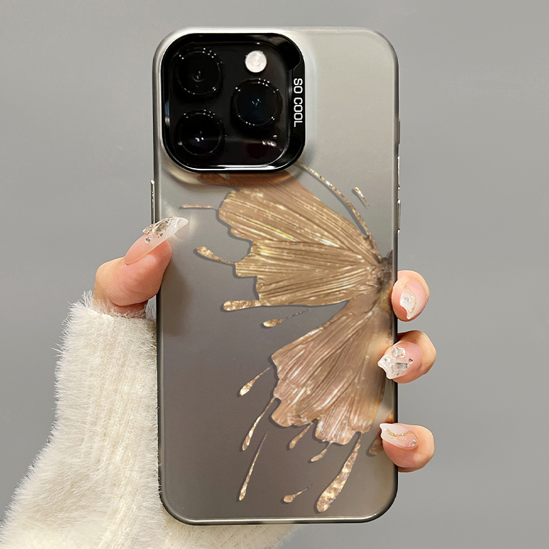 新款ins风高级感金色蝴蝶苹果15promax磨砂彩银iPhone14pro手机壳