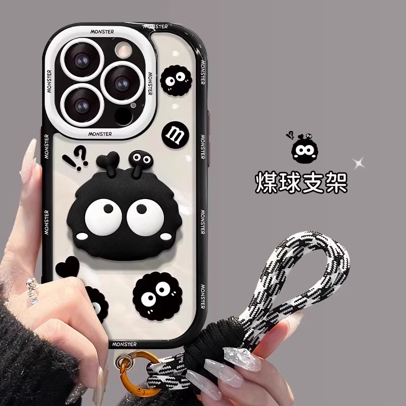 苹果15promax手机壳可爱卡通煤球支架iphone14保护套带挂绳13小众