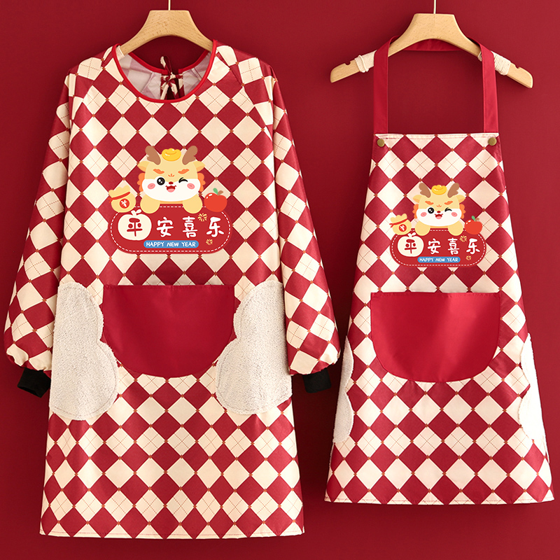 卡通防水防油长袖新年围裙厨房家用做饭罩衣女新款餐饮工作服定制