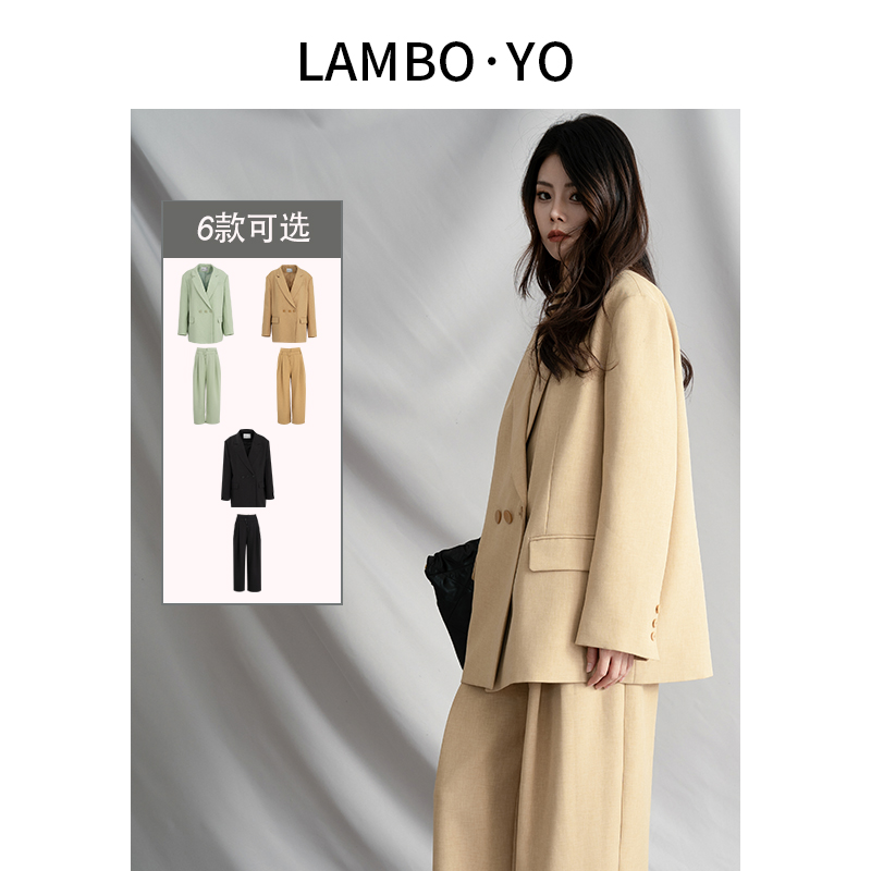 秋冬24新款韩版休闲宽松西装+小众双层腰头直筒西装裤女