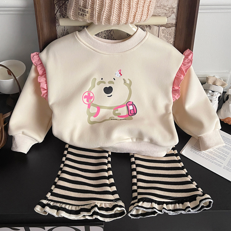 2023冬季新款韩版女童印花卫衣套装加绒女宝宝可爱加厚长裤两件套