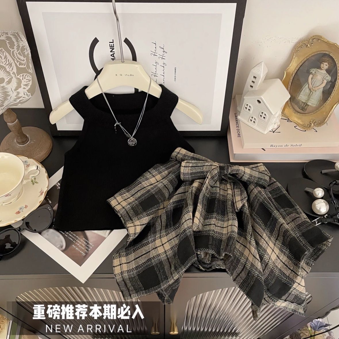 女童夏季套装洋气美式吊带女宝宝百搭时髦格子裙裤两件套c