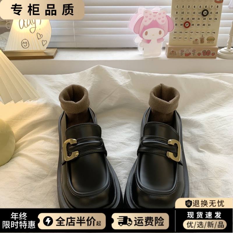 一脚蹬厚底小皮鞋女春秋季新款2023年百搭复古英伦风乐福鞋子黑色
