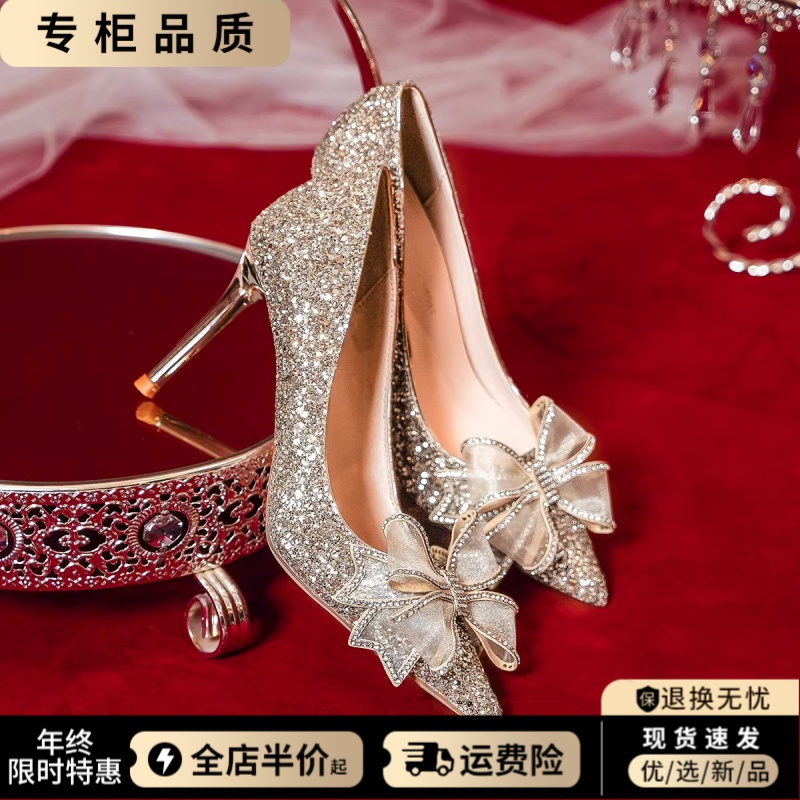 感主婚纱婚鞋女冬季新款新娘鞋水晶婚礼服高跟鞋金色亮片鞋