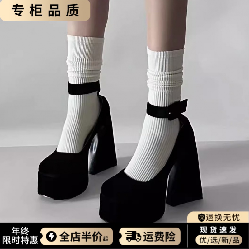 仙女风芭比鞋防水台超高跟鞋绒面厚底玛丽珍鞋粗跟单鞋女春秋鞋子
