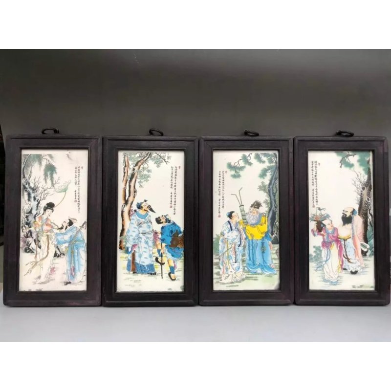 古玩杂项木雕工艺品木质镶杂件佛像瓷板画四条屏风挂饰