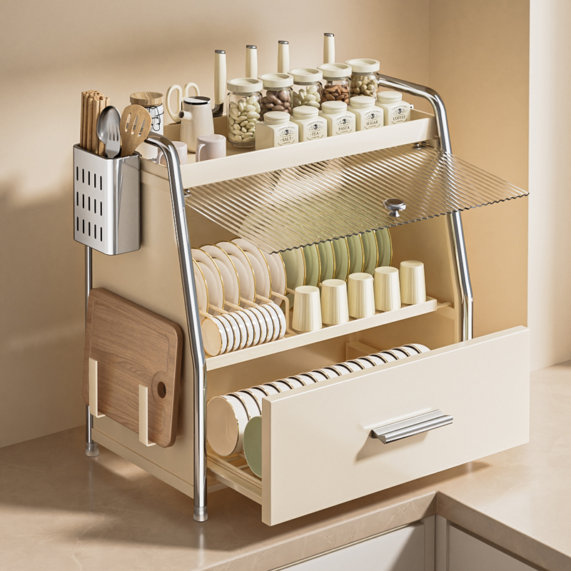 厨伴带盖厨房碗碟置物架家用碗柜台面筷盘防尘收纳盒多功能沥水架