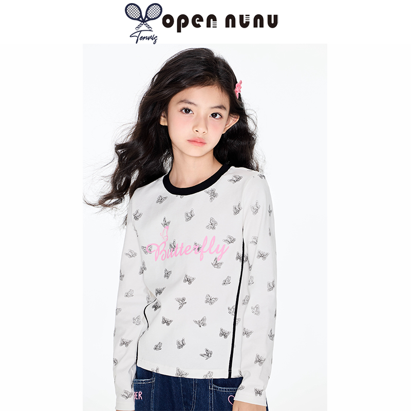 Opennunu女童蝴蝶长袖t恤早秋新款撞色圆领弹力短款儿童修身上衣
