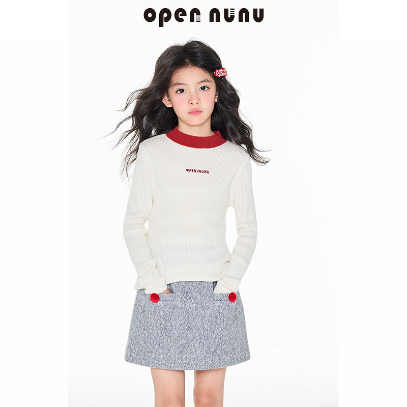 Opennunu女童33抗起球字母绣花针织打底衫毛衣时尚