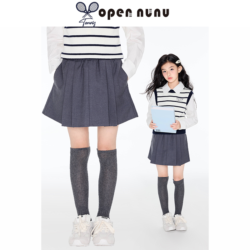 Opennunu女童复古学院风半身裙早秋新款女孩A字百褶裙儿童短裙