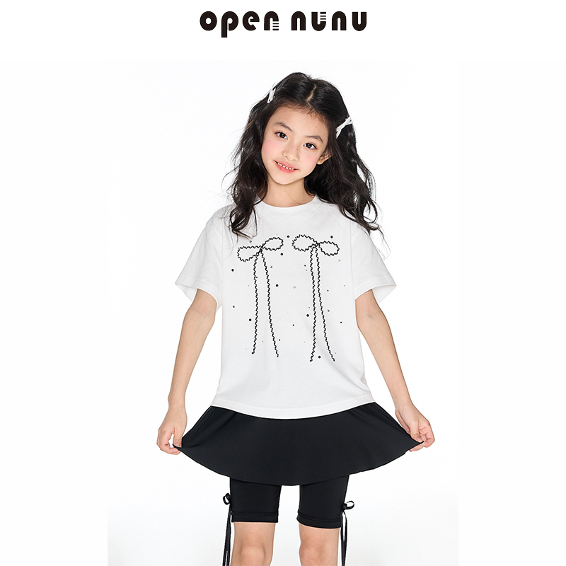 Opennunu女童蝴蝶结印花短袖t恤夏季甜美休闲百搭烫钻圆领上衣