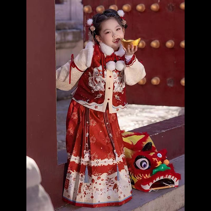 巴拉拉吧荨莀汉服女童冬款拜年服女童古风超仙儿童古装女宝中国风