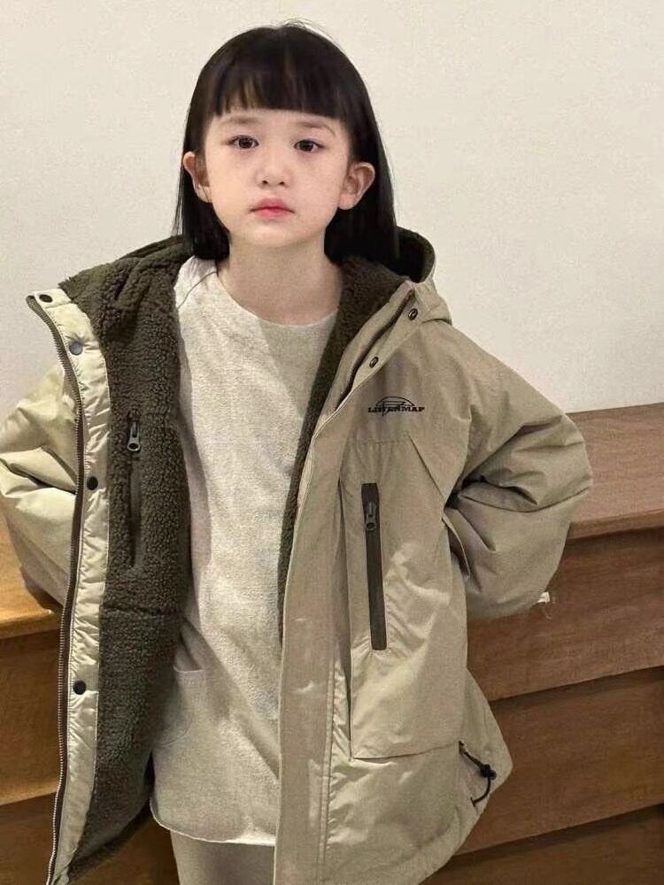 巴拉拉吧韩国童装女童双面穿羊羔绒冲锋衣冬2024新款男童冬装儿童