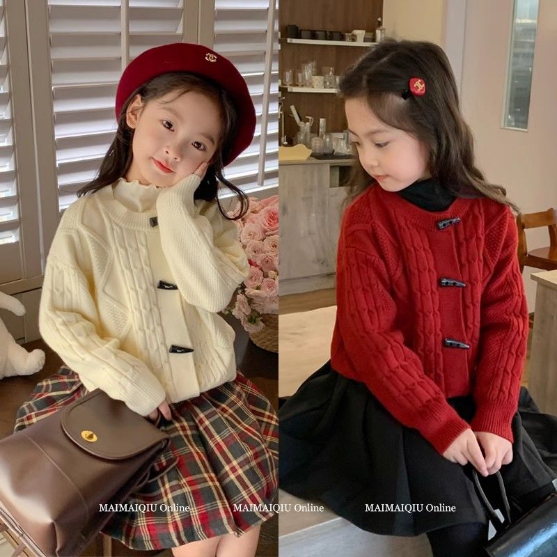 巴拉拉吧女童针织开衫外套2024秋冬新款儿童牛角扣上衣中大童复古
