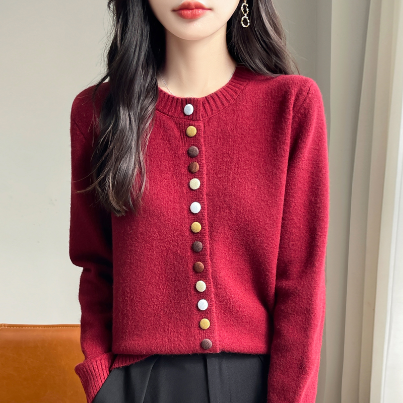 针织开衫女彩扣加厚羊毛衫2024新款宽松圆领外套短款上衣长袖