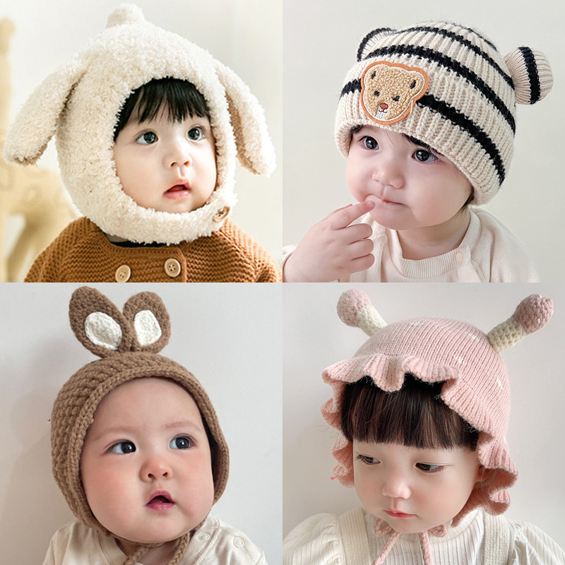 婴儿帽子冬季加厚毛绒护耳帽可爱羊角婴幼儿宝宝针织保暖儿童帽潮