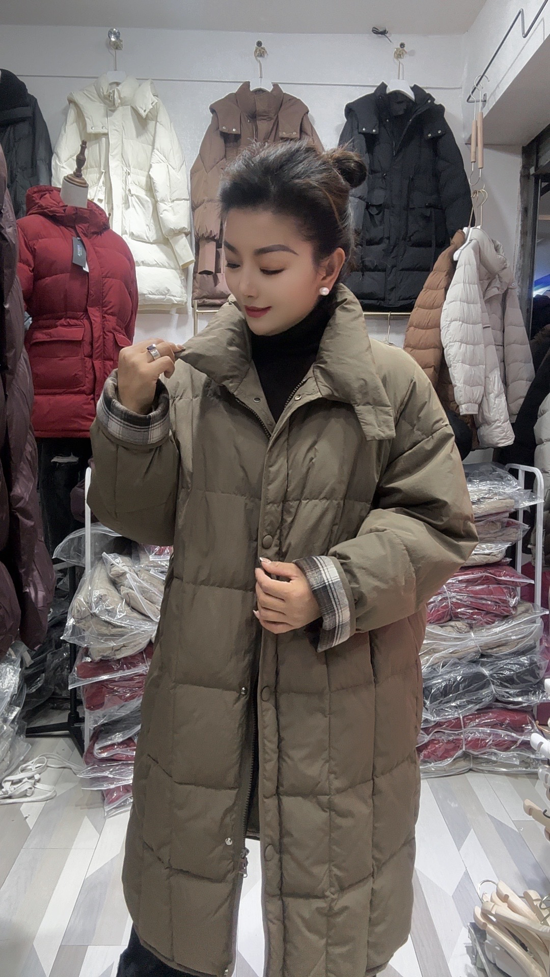 DZ文艺风格子加厚中长款冬季保暖立领外套