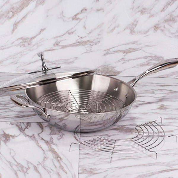 特百惠一代美满人生30CM精钢炒锅 无涂层无油烟不锈钢不粘锅有花