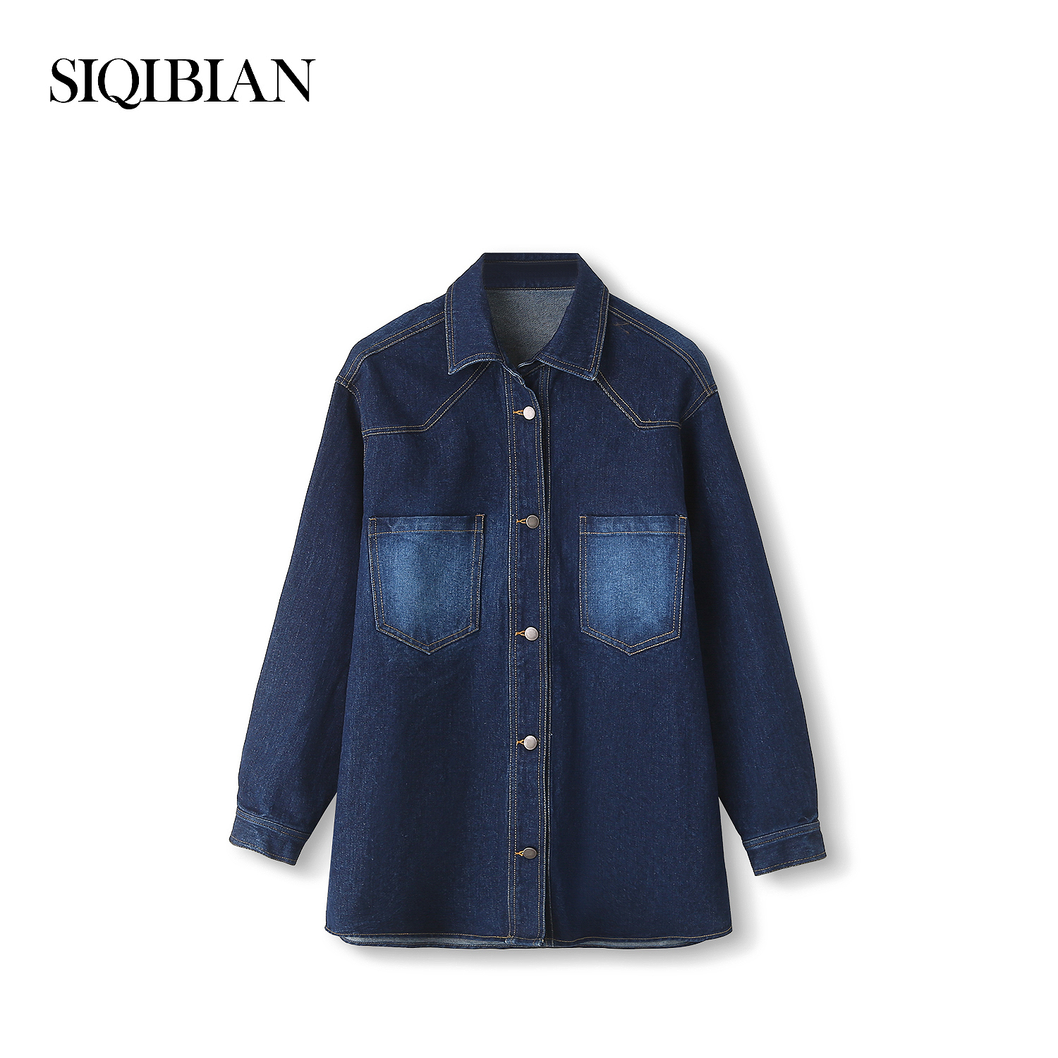 SIQIBIAN｜春秋季时尚百搭潮流港风复古中长款长袖牛仔衬衫-6866