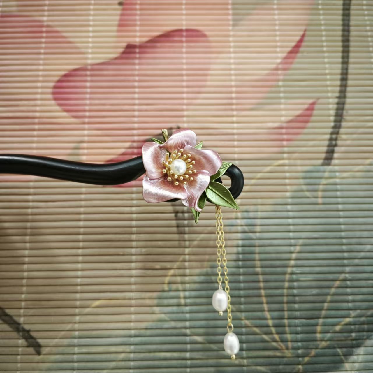 J292珐琅彩绘粉色花朵重工吊坠古典气质发簪