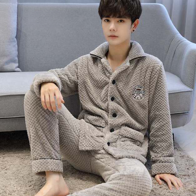 菠萝绒睡衣男秋冬韩版加厚加绒男士珊瑚绒冬天保暖套装长袖家居服
