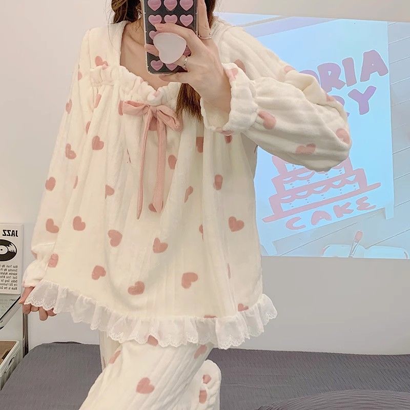 秋冬季珊瑚绒睡衣女春秋加绒家居服秋天公主风法兰绒加厚套装成人