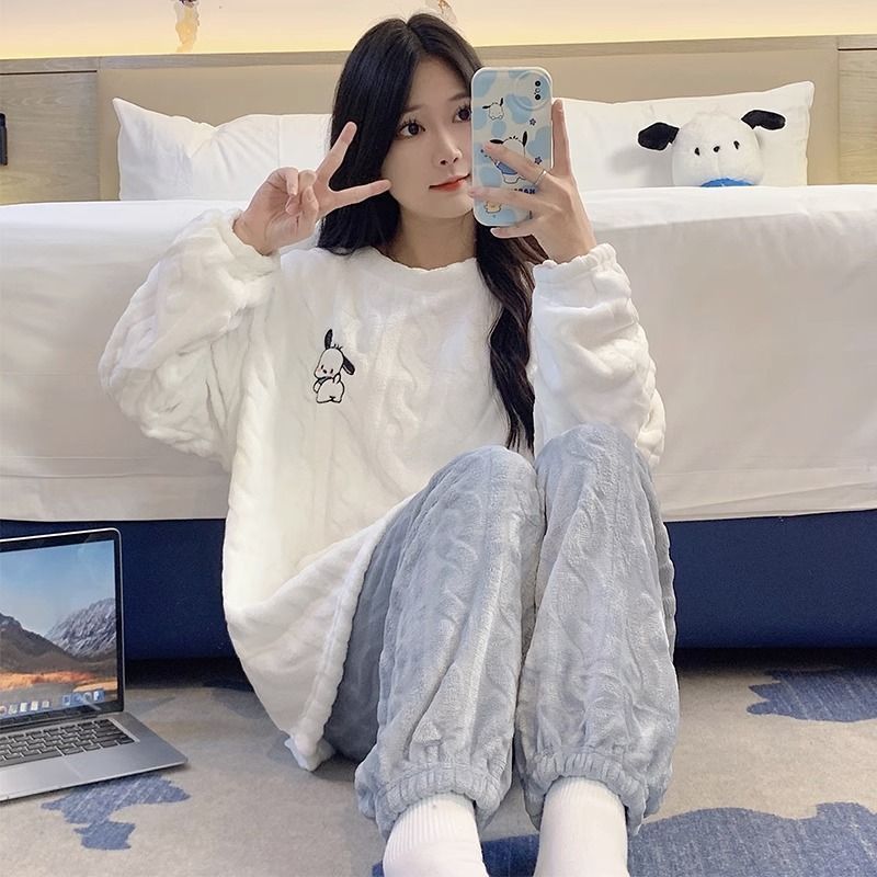 珊瑚绒睡衣女冬季加绒加厚2023年新款纯色法兰绒冬款家居服两件套