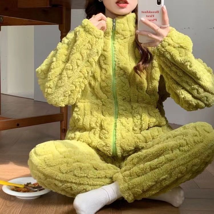 珊瑚绒睡衣女秋冬季拉链加绒加厚学生ins宿舍保暖外穿家居服套装