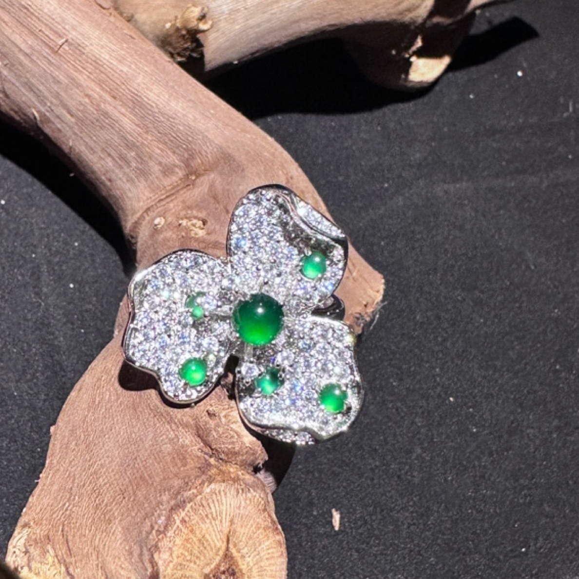 天然A货翡翠花戒指