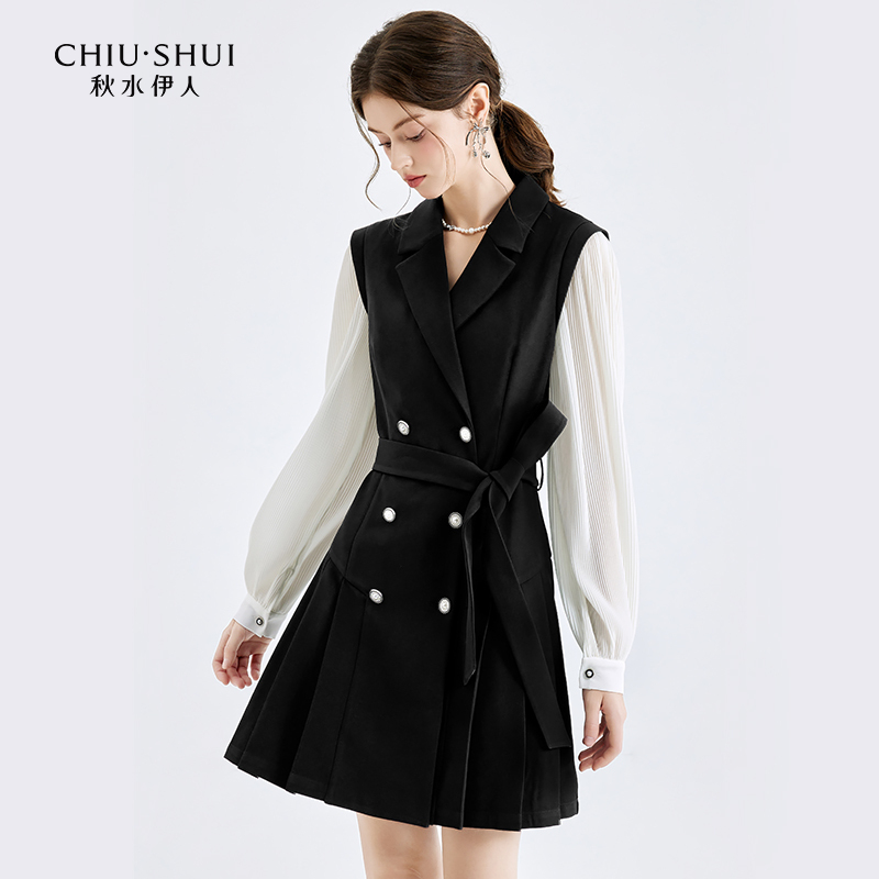 秋水伊人经典西装式黑色小香风连衣裙新款气质优雅通勤假两雅丹风