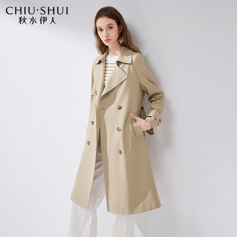 秋水伊人英伦休闲风卡其色系带风衣2025春季新款女时尚中长款外套